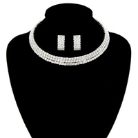 3 Line Rhinestone Open Choker Collar Necklace and Earrings Set