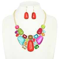 ASSORTED AGATE CRYSTAL GEMSTONE BIB NECKLACE SET