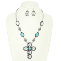 WESTERN CRYSTAL TURQUOISE CROSS NECKLACE SET