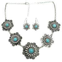 WESTERN FLOARL TURQUOISE CONCHO NECKLACE SET
