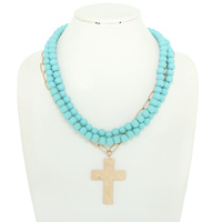 MULTI-STRAND PEARL BEAD CROSS NECKLACE