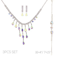 3PC SILVER-TONE CASCADING CRYSTAL NECKLACE SET