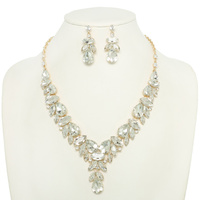 CRYSTAL RHINESTONE CLUSTER V-SHAPE NECKLACE SET