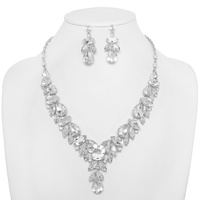 CRYSTAL RHINESTONE CLUSTER V-SHAPE NECKLACE SET