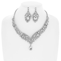 TEARDROP PENDANT CRYSTAL CLUSTER ADJUSTABLE V-SHAPED BIB NECKLACE EARRINGS SET