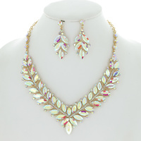 CRYSTAL MARQUISE CLUSTER ADJUSTABLE V-SHAPE BIB NECKLACE EARRING SET