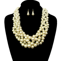 Multi Pearl Strands Braided Chunky Necklace And Earrings Set Npy062Gcr