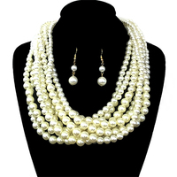 Multi Layered Pearl Strands Chunky Necklace And Earrings Set Npy063Gcr
