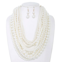 CLASSIC MULTISTRAND LONG PEARL ADJUSTABLE NECKLACE EARRING SET