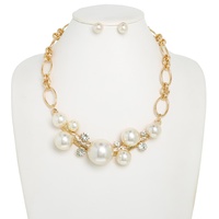 PEARL RHINESTONE CLUSTER LINK NECKLACE SET