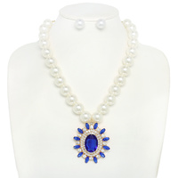 TEARDROP GEMSTONE PENDANT PEARL NECKLACE SET