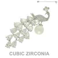 PEARL CZ FEATHERED PEACOCK BROOCH PIN