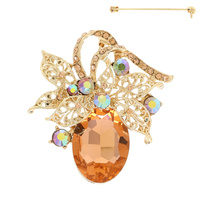 JEWELED FILIGREE LEAF CLUSTER BROOCH PIN