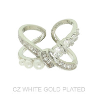 GOLD PLATED CZ PEARL CROSSOVER CUFF RING