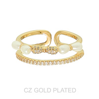 GOLD PLATED CZ PEARL DOUBLE BAND CUFF RING