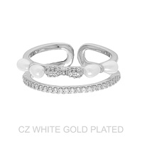 GOLD PLATED CZ PEARL DOUBLE BAND CUFF RING