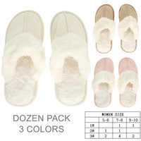 12 PACK WOMEN'S SUEDETTE FUR TRIM SLIDE SLIPPERS