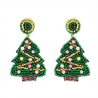 VINTAGE CHRISTMAS TREE SEED BEAD HANDMADE BEADED CRYSTAL JEWELED DANGLE AND DROP EARRINGS