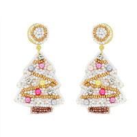 VINTAGE CHRISTMAS TREE SEED BEAD HANDMADE BEADED CRYSTAL JEWELED DANGLE AND DROP EARRINGS