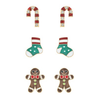 CANDY CANE/ SOCKS/ GINGERBREAD MAN -3-PAIR CRYSTAL RHINESTONE CHRISTMAS THEMED ENAMEL COATED STUD EARRING SET