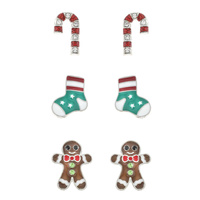 CANDY CANE/ SOCKS/ GINGERBREAD MAN -3-PAIR CRYSTAL RHINESTONE CHRISTMAS THEMED ENAMEL COATED STUD EARRING SET