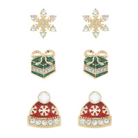 SNOWFLAKE / XMAS PRESENT / BEANIE -3-PAIR CRYSTAL RHINESTONE CHRISTMAS THEMED GLITTER ENAMEL COATED STUD EARRING SET