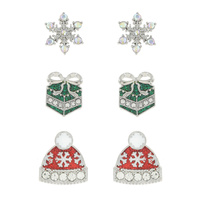 SNOWFLAKE / XMAS PRESENT / BEANIE -3-PAIR CRYSTAL RHINESTONE CHRISTMAS THEMED GLITTER ENAMEL COATED STUD EARRING SET