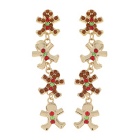 GINGERBREAD MAN-CRYSTAL RHINESTONE CHRISTMAS THEMED GLITTER ENAMEL COATED LONG DROP EARRINGS