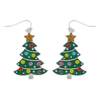 ENAMEL COATED JEWELED CHRISTMAS TREE DANGLE AND DROP HOOK EARRINGS