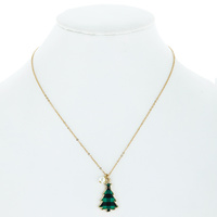 PLAID PRINT / LEOPARD PRINT - SYNTHETIC PEARL AND PRINTED RESIN CHRISTMAS TREE CHARM CHAIN NECKLACE