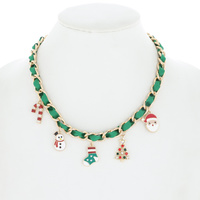 GINGERBREAD MAN/ SANTA CLAUS -WOVEN CHAIN LINK CHRISTMAS THEMED MULTI CHARM ENAMEL COATED ADJUSTABLE NECKLACE